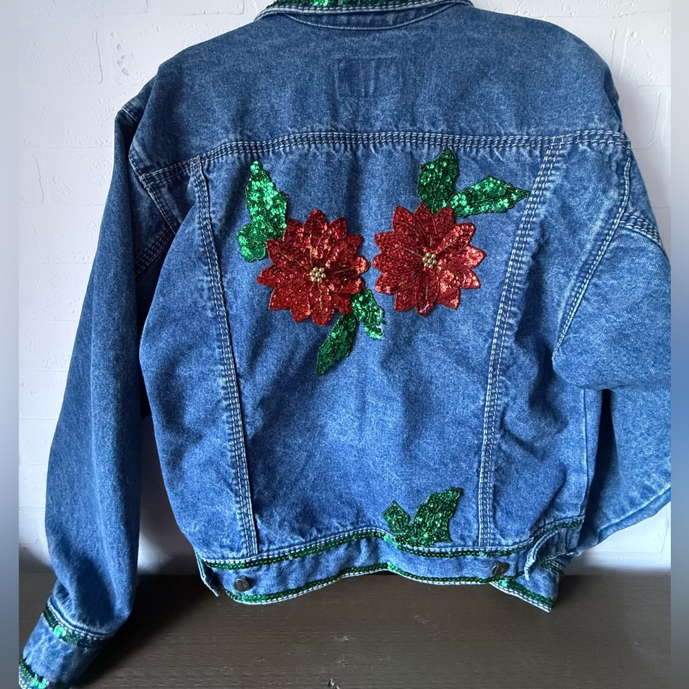 Vintage Sequin Poinsettia Denim Jacket Lizwear Brand Size Medium